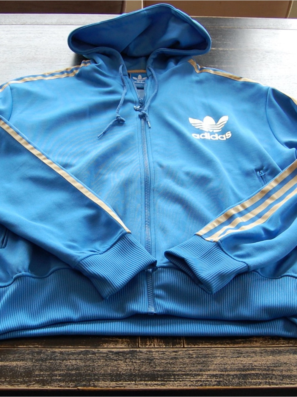 adidas Blue Hooded Track Jacket with White Logo and Gold Stripes Size XL